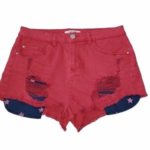 Woman's Refuge, red, denim shorts